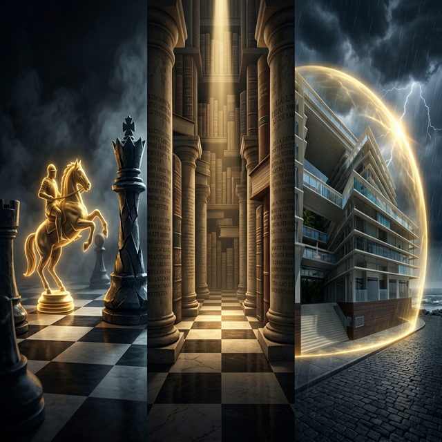 A cinematic triptych blending a high-stakes chessboard, a rigid labyrinth of law, and a luxurious building protected by a golden shield.